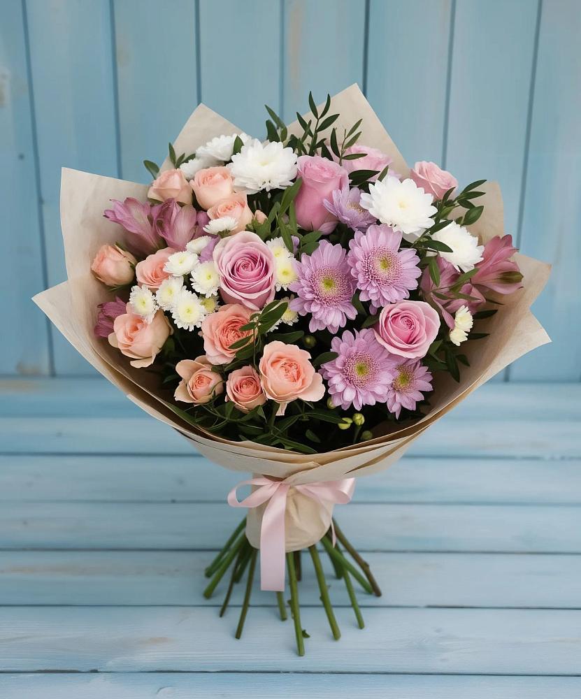 Букет цветов из: Хризантемы, Розы и Альстромерии в Старобжегокайском