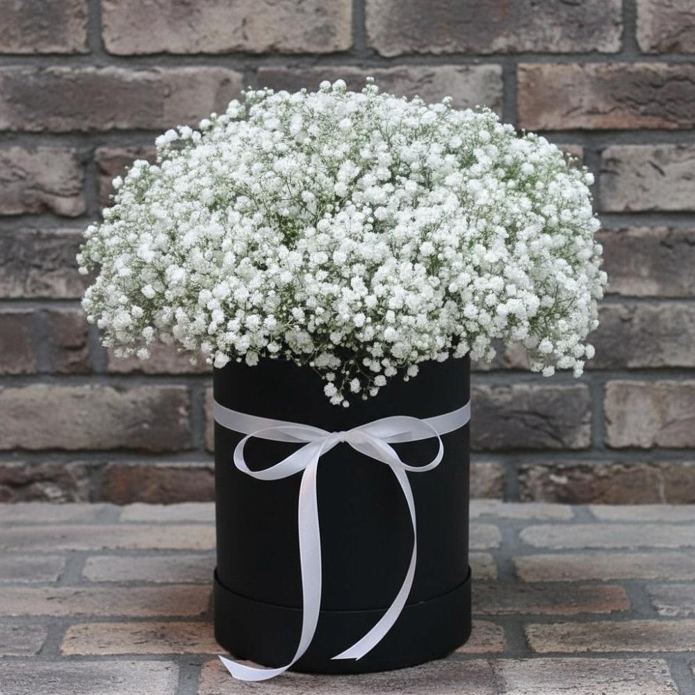 Цветочная композиция из Гипсофила в шляпной коробке в Старобжегокайском