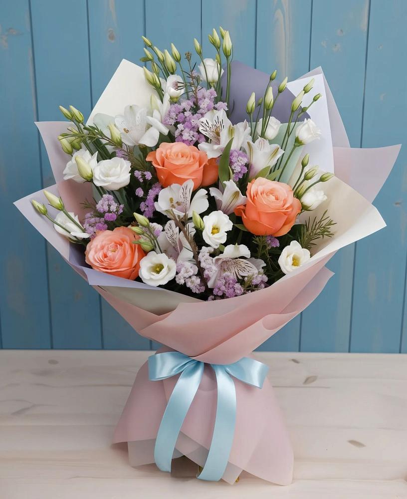Букет цветов из: Лизиантусы, Розы, Альстромерии и Гипсофила в Старобжегокайском