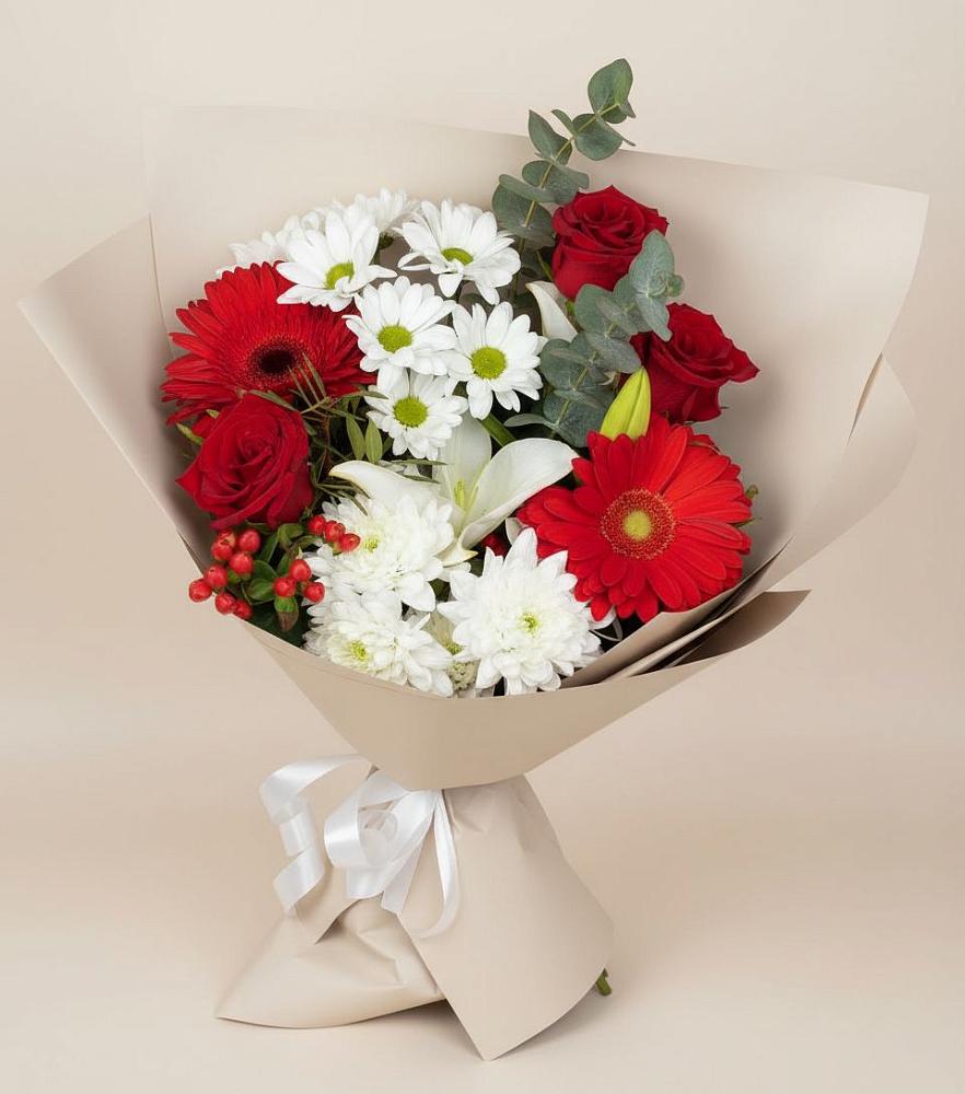 Букет цветов из: Розы, Хризантемы, Герберы и Лилии в Старобжегокайском