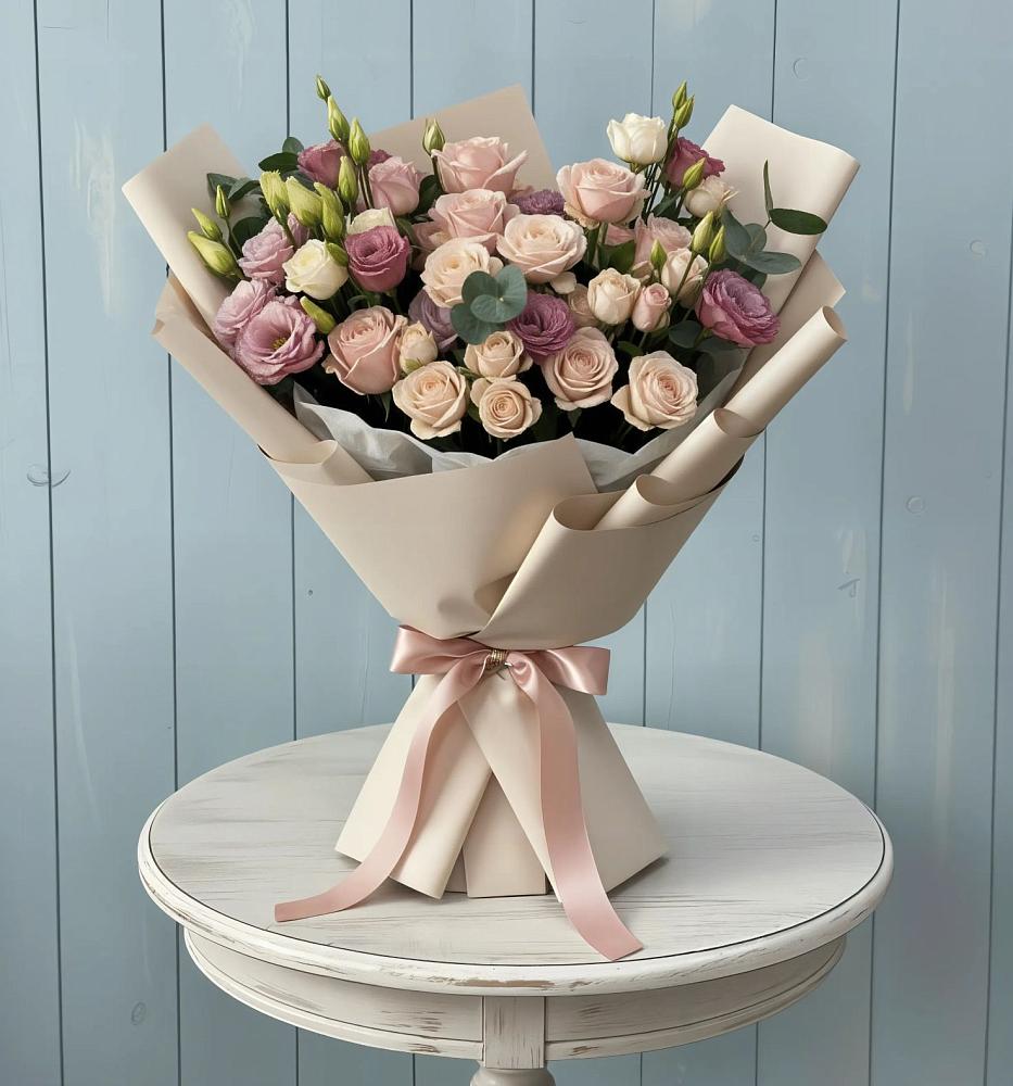 Букет цветов из: Розы и Лизиантусы в Старобжегокайском