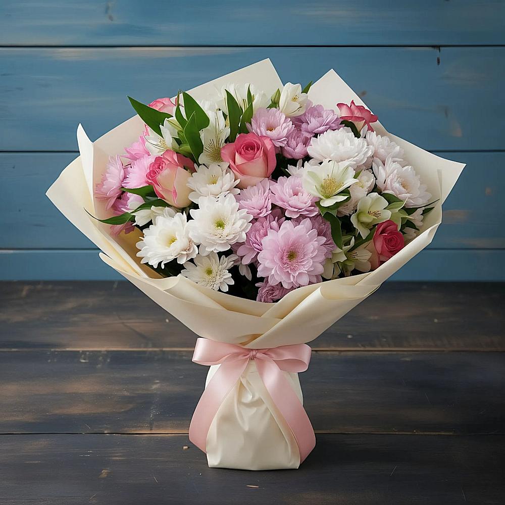 Букет цветов из: Хризантемы, Альстромерии и Розы в Старобжегокайском